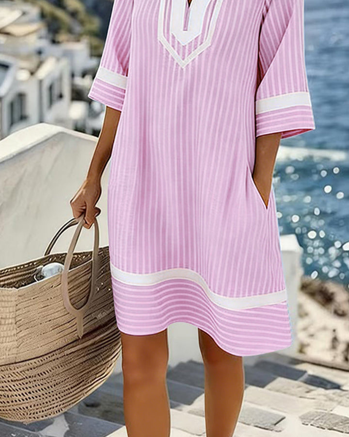 Ciara - Short Sleeve Striped Dress with V-Neck
