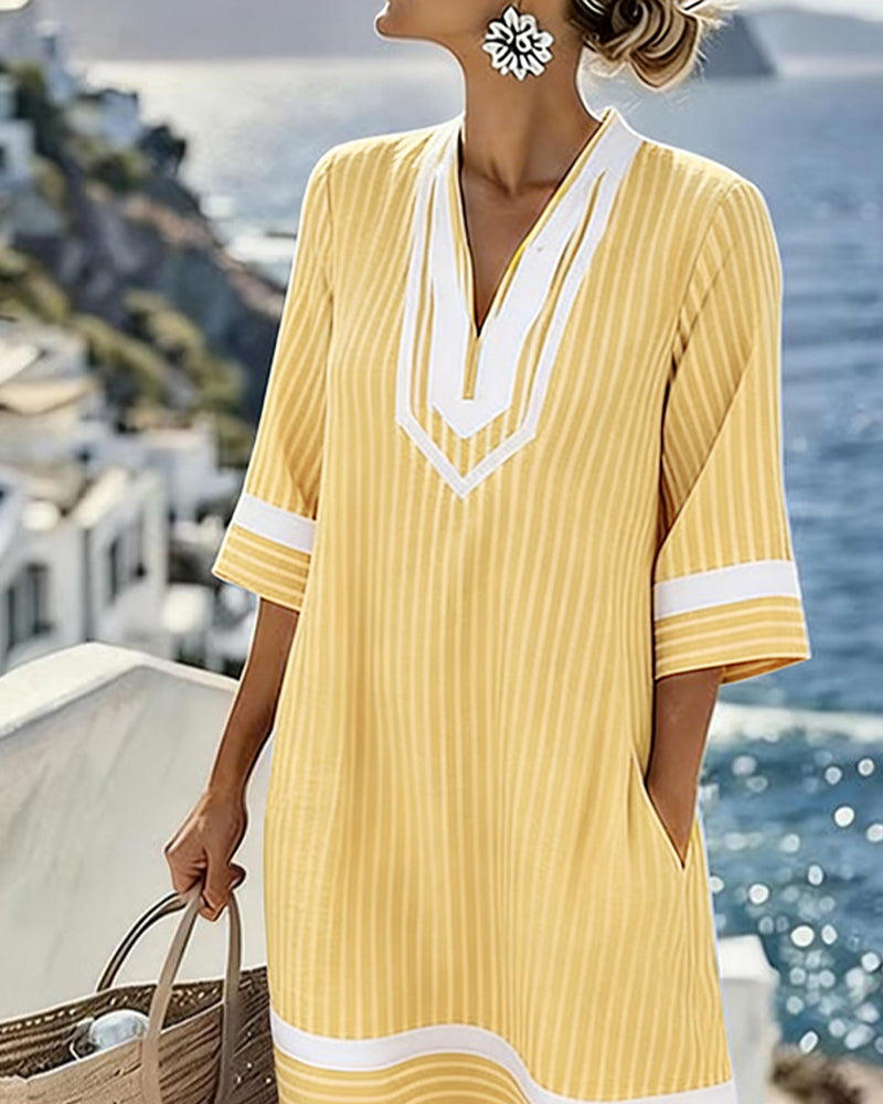 Ciara - Short Sleeve Striped Dress with V-Neck