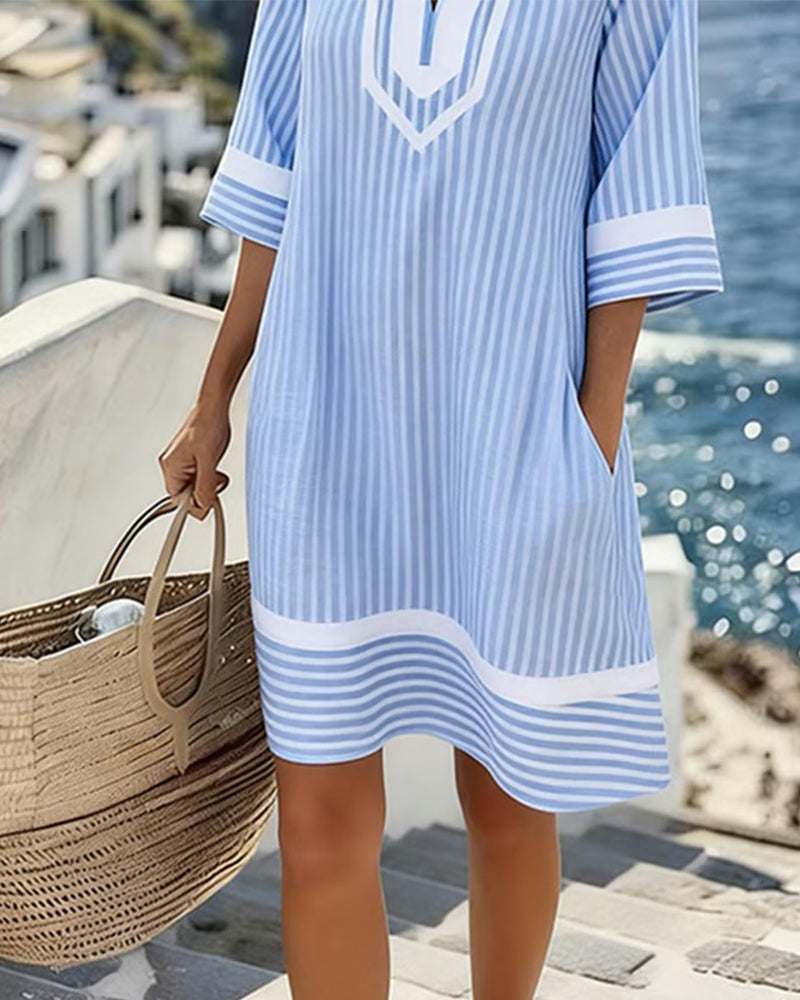 Ciara - Short Sleeve Striped Dress with V-Neck