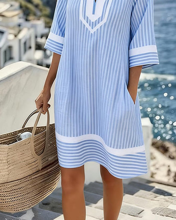 Ciara - Short Sleeve Striped Dress with V-Neck