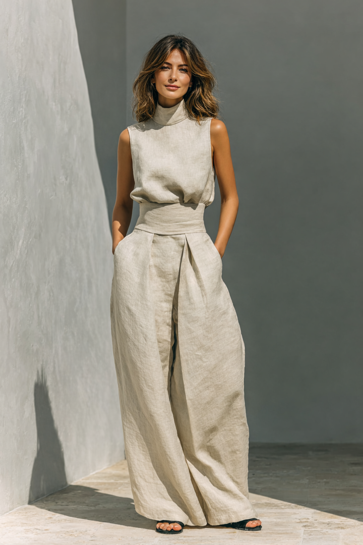 Maria - Complete set with tank top and wide-leg pants in cotton and linen minimalist for women