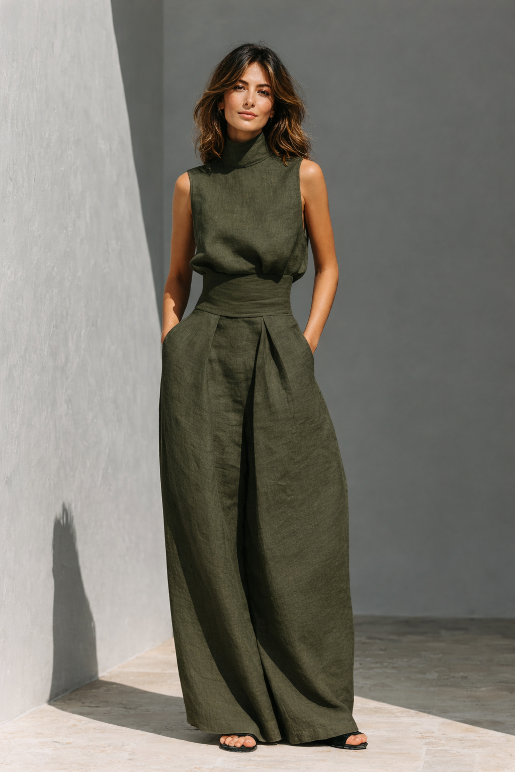 Maria - Complete set with tank top and wide-leg pants in cotton and linen minimalist for women
