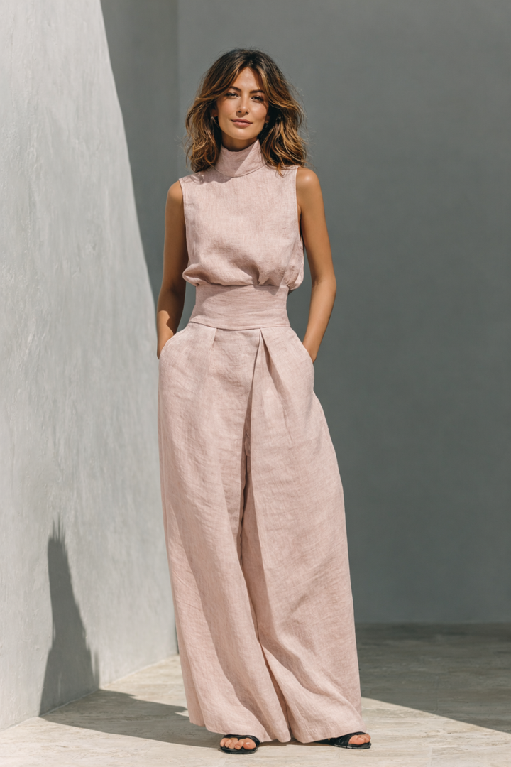 Maria - Complete set with tank top and wide-leg pants in cotton and linen minimalist for women