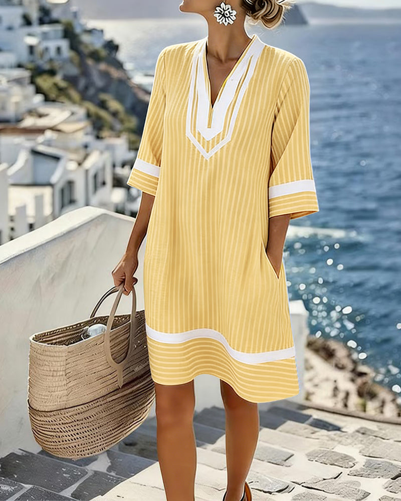 Ciara - Short Sleeve Striped Dress with V-Neck