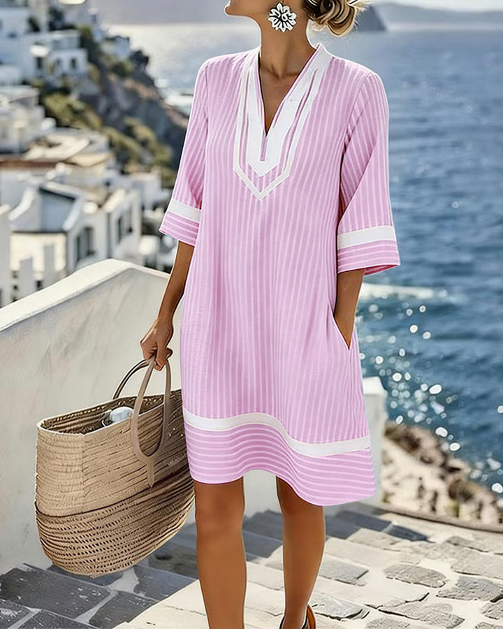 Ciara - Short Sleeve Striped Dress with V-Neck