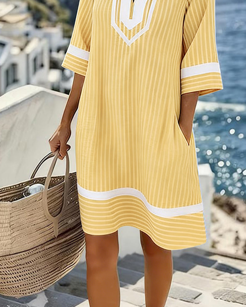 Ciara - Short Sleeve Striped Dress with V-Neck