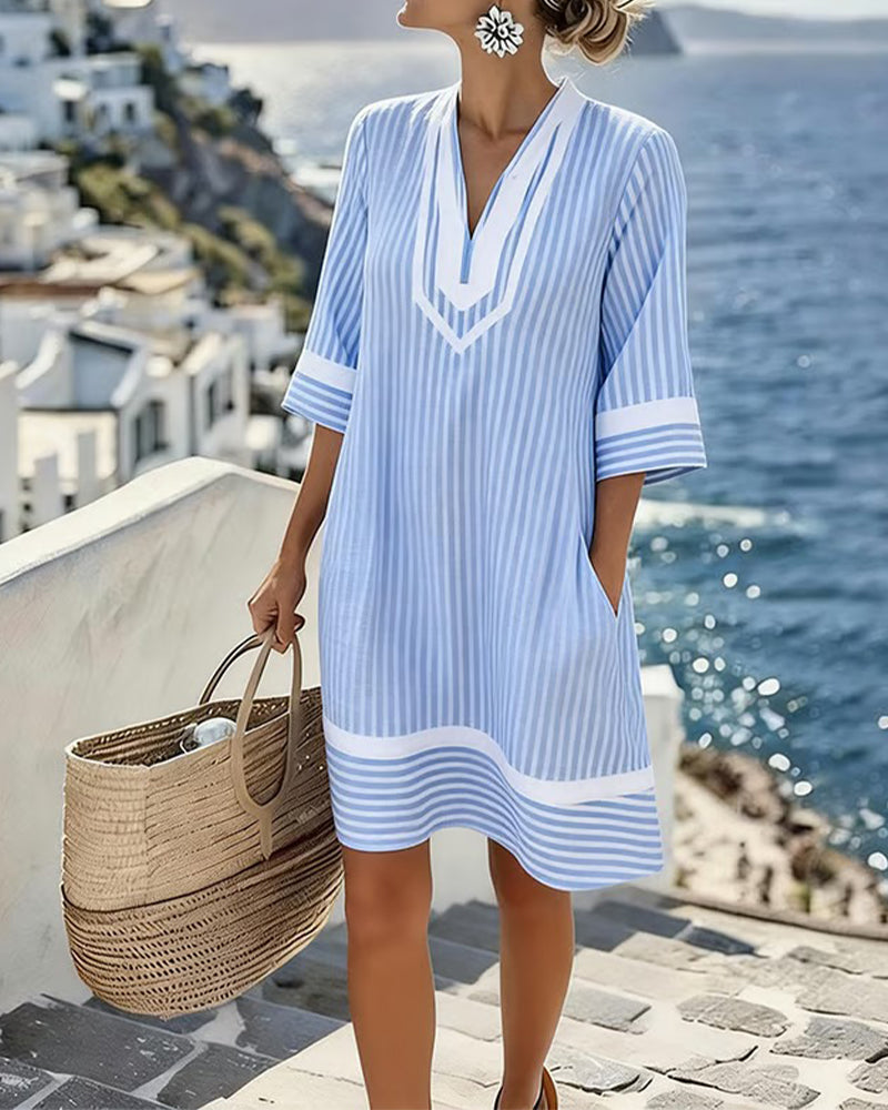 Ciara - Short Sleeve Striped Dress with V-Neck
